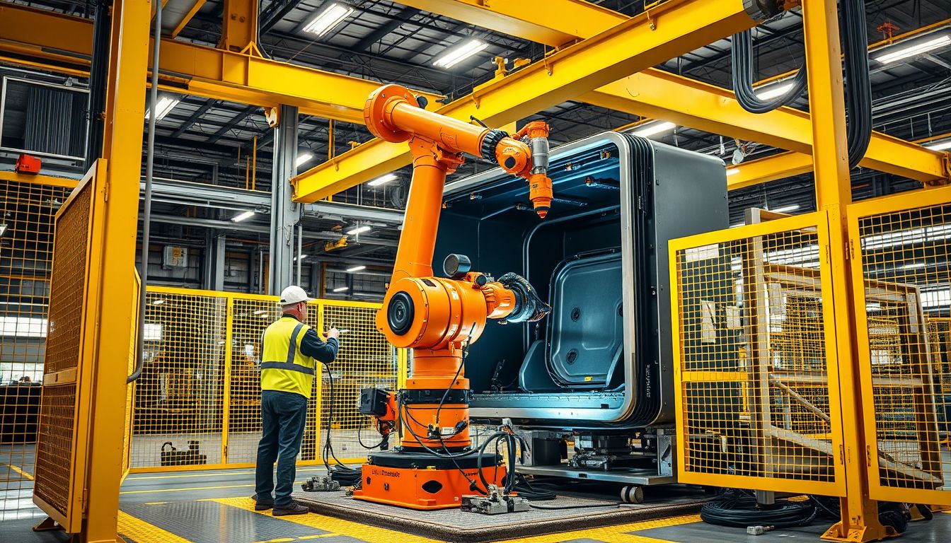 Técnicos instalando una celda robótica de soldadura dentro de una línea de producción automotriz con barandales de seguridad y cortinas de luz.
