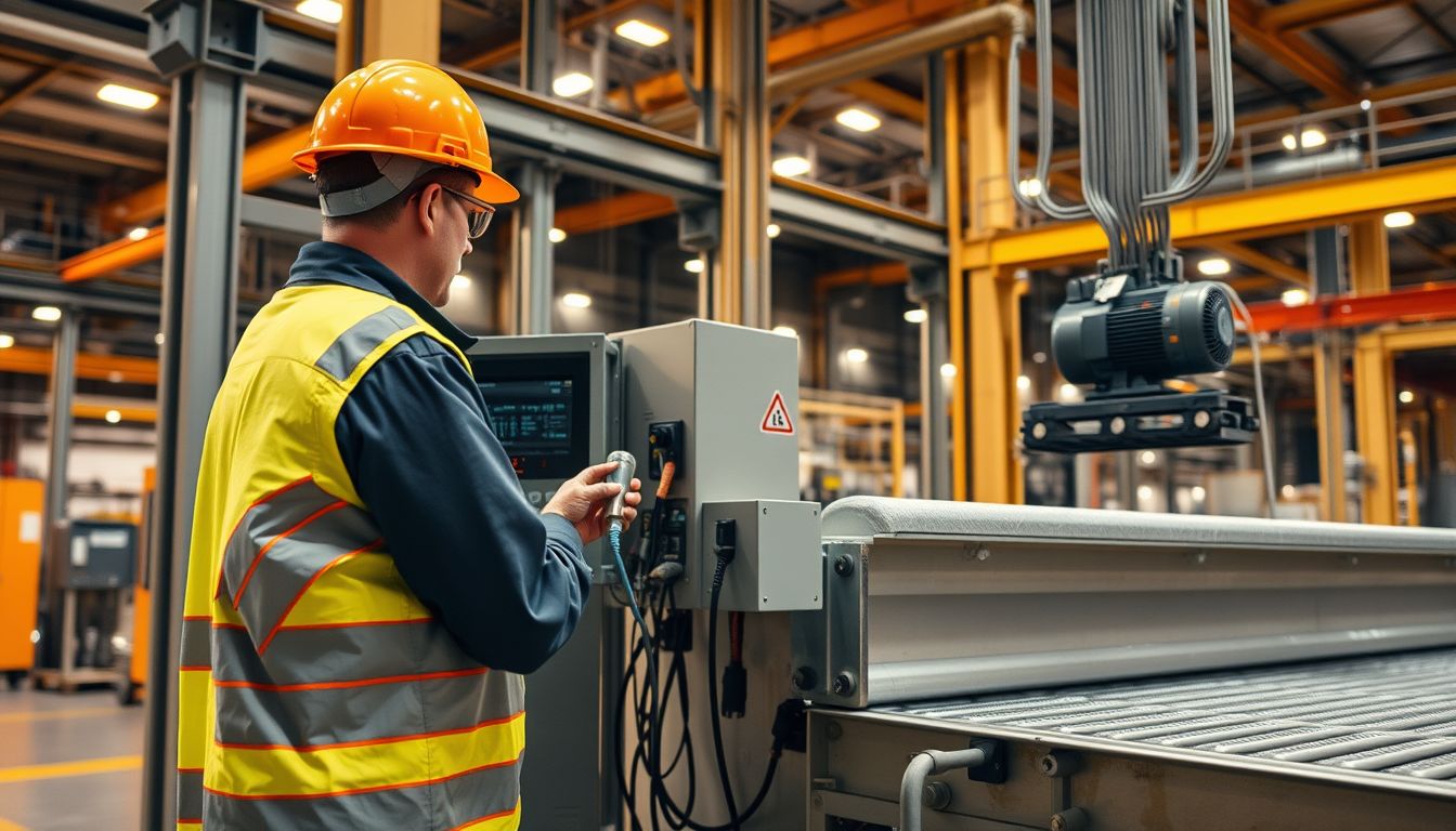 Técnico realizando pruebas I-O Check en el panel de control de un conveyor industrial recién instalado